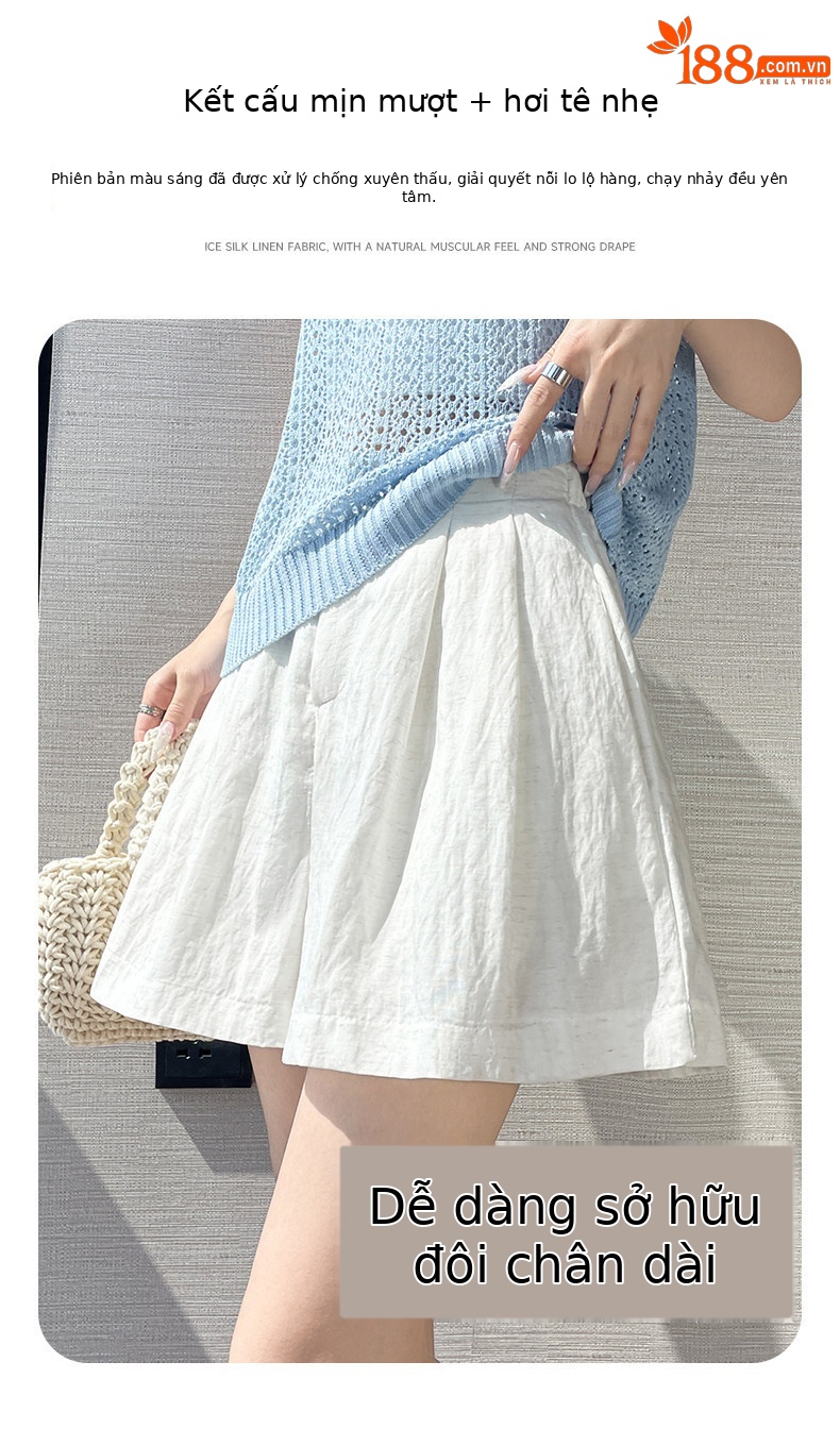 Quần short nữ vải lanh cạp cao ống rộng dáng suông mùa hè — màu đen chi tiết 15