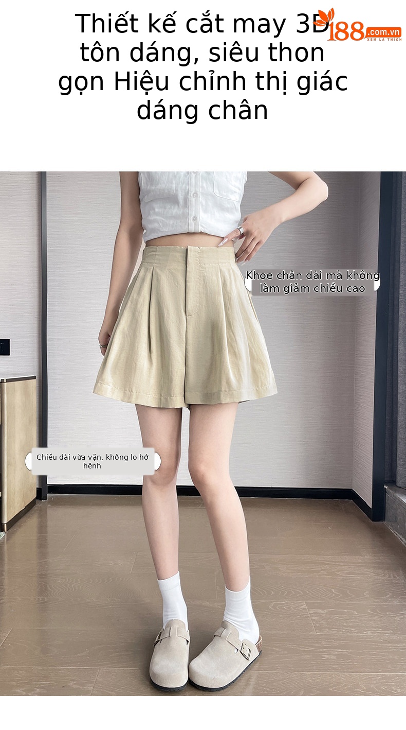 Quần short nữ vải lanh cạp cao ống rộng dáng suông mùa hè — màu đen chi tiết 19