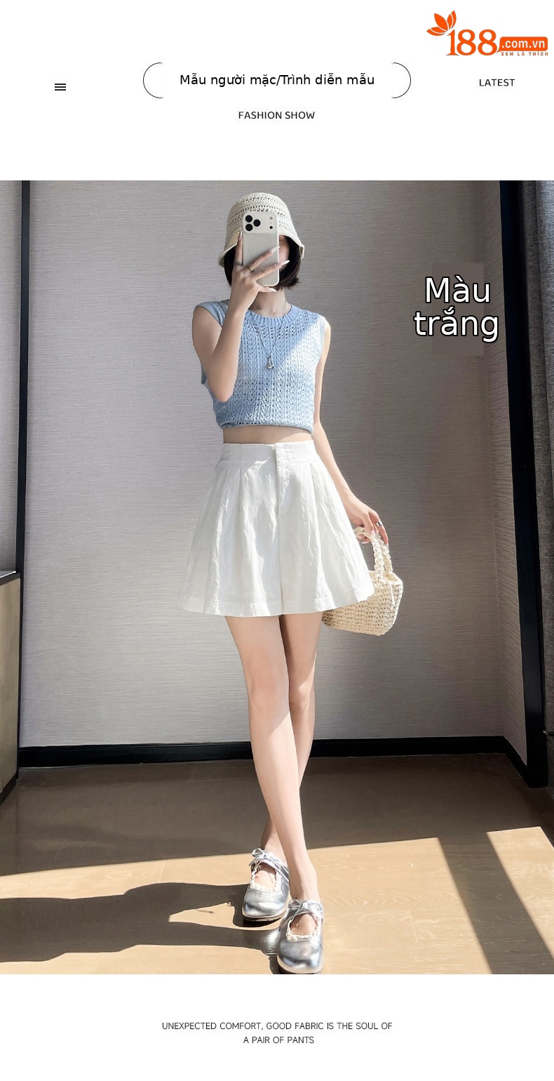 Quần short nữ vải lanh cạp cao ống rộng dáng suông mùa hè — màu đen chi tiết 20