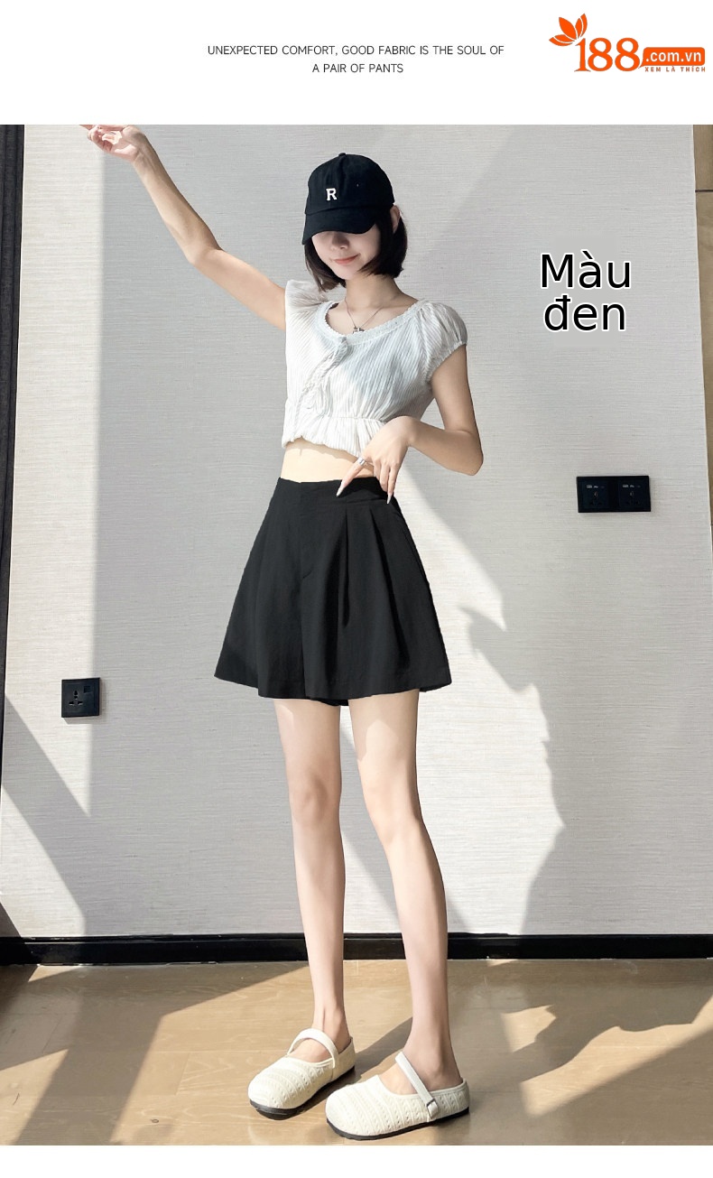 Quần short nữ vải lanh cạp cao ống rộng dáng suông mùa hè — màu đen chi tiết 27