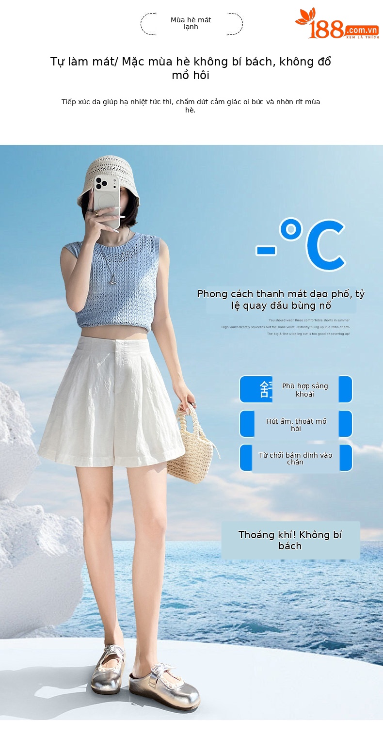 Quần short nữ vải lanh cạp cao ống rộng dáng suông mùa hè — màu đen chi tiết 3