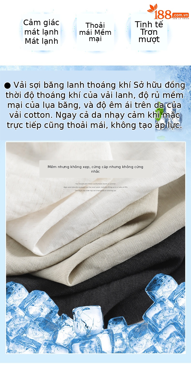 Quần short nữ vải lanh cạp cao ống rộng dáng suông mùa hè — màu đen chi tiết 4