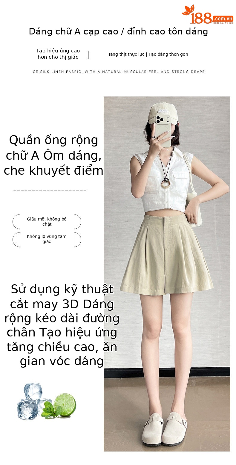 Quần short nữ vải lanh cạp cao ống rộng dáng suông mùa hè — màu đen chi tiết 7