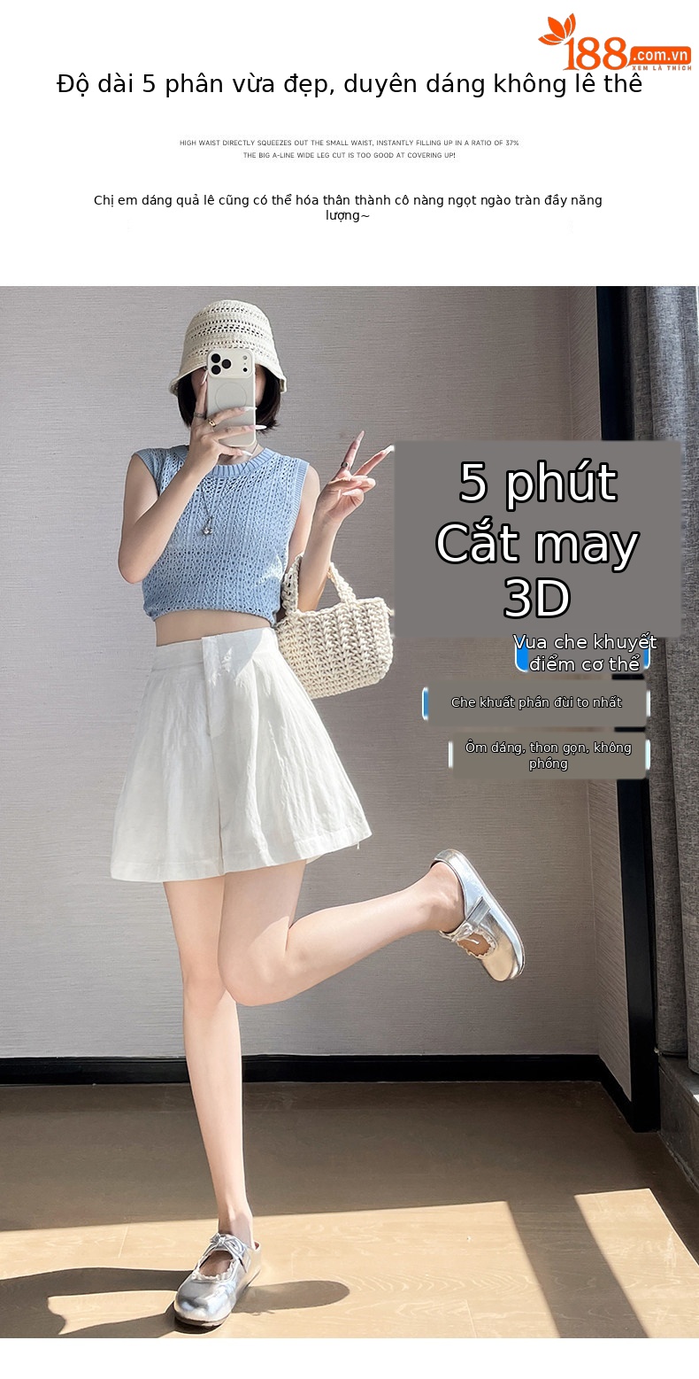 Quần short nữ vải lanh cạp cao ống rộng dáng suông mùa hè — màu đen chi tiết 9