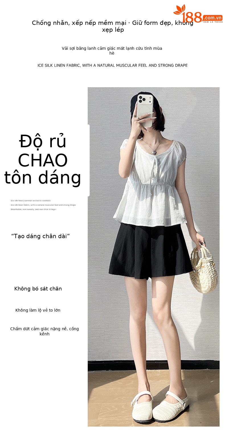 Quần short nữ vải lanh cạp cao ống rộng dáng suông mùa hè — màu đen chi tiết 10