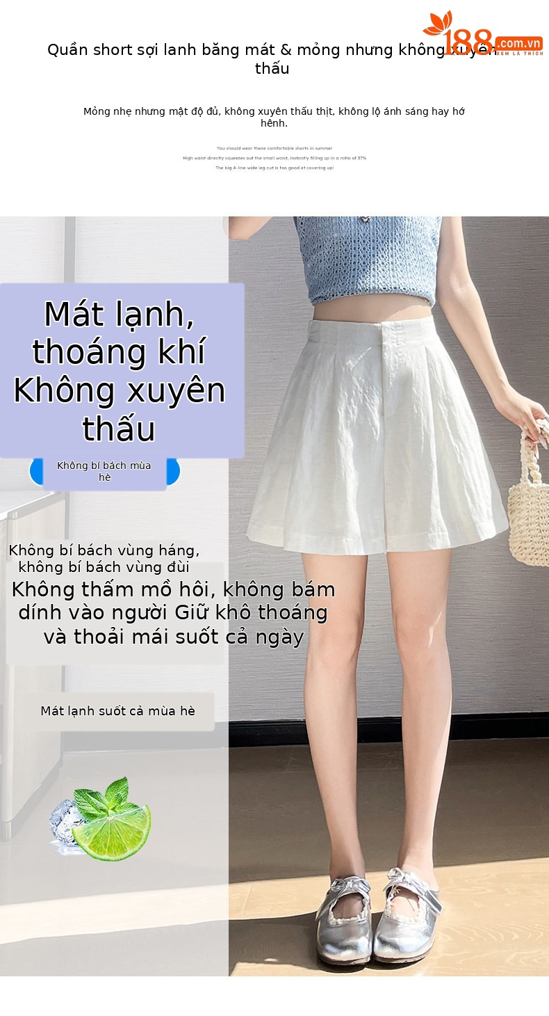 Quần short nữ vải lanh cạp cao ống rộng dáng suông mùa hè — màu đen chi tiết 16