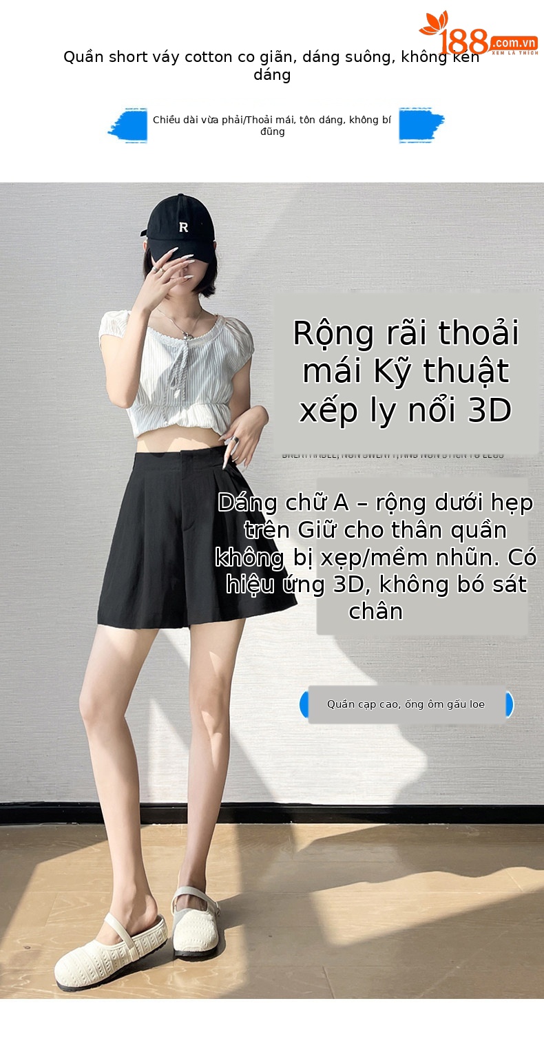 Quần short nữ vải lanh cạp cao ống rộng dáng suông mùa hè — màu đen chi tiết 17