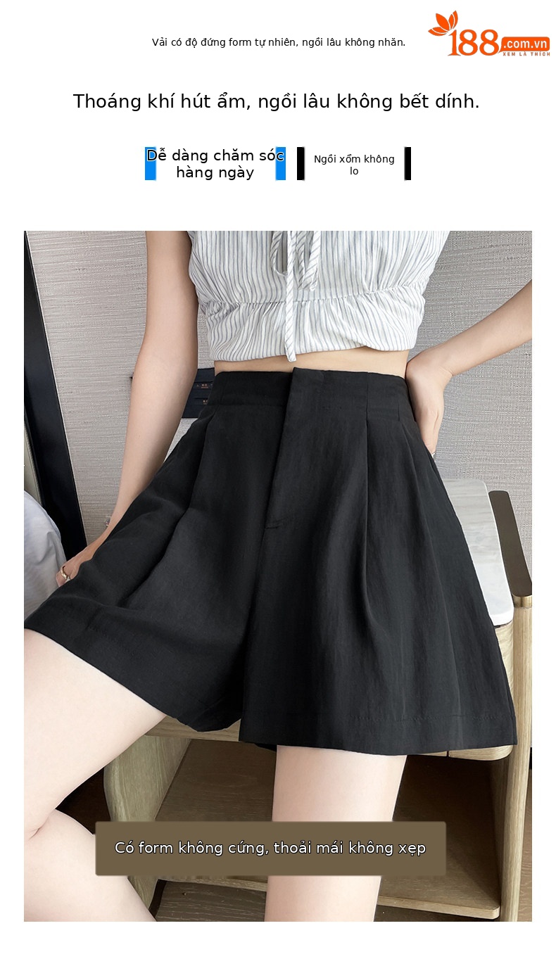Quần short nữ vải lanh cạp cao ống rộng dáng suông mùa hè — màu đen chi tiết 18