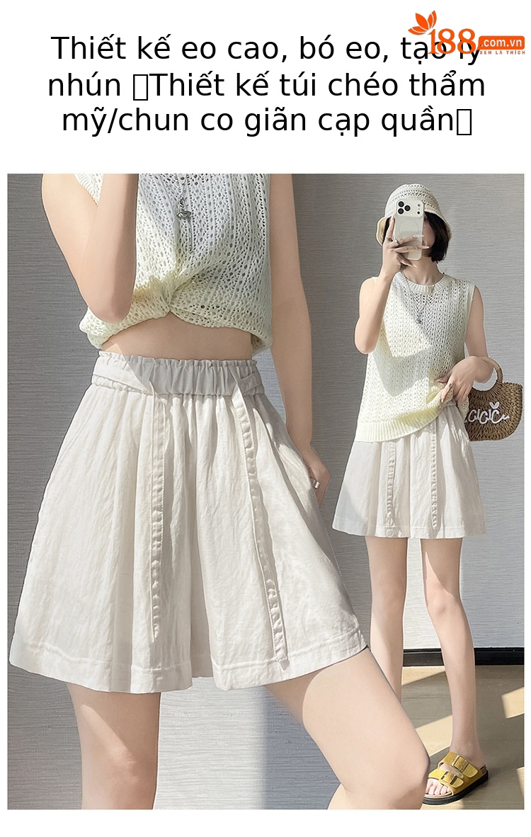 Quần short nữ cạp cao chất liệu lanh phối sợi tơ lạnh, dáng chữ A ống rộng, mặc mùa hè — màu đen chi tiết 14