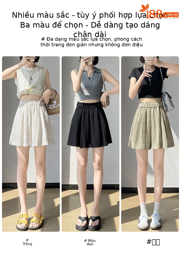 Quần short nữ cạp cao chất liệu lanh phối sợi tơ lạnh, dáng chữ A ống rộng, mặc mùa hè — màu đen chi tiết 16