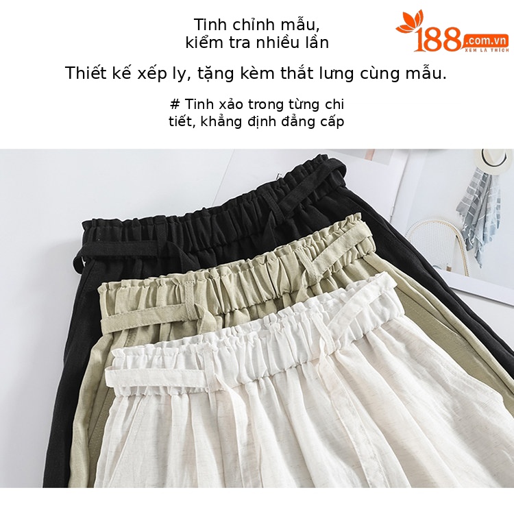 Quần short nữ cạp cao chất liệu lanh phối sợi tơ lạnh, dáng chữ A ống rộng, mặc mùa hè — màu đen chi tiết 20