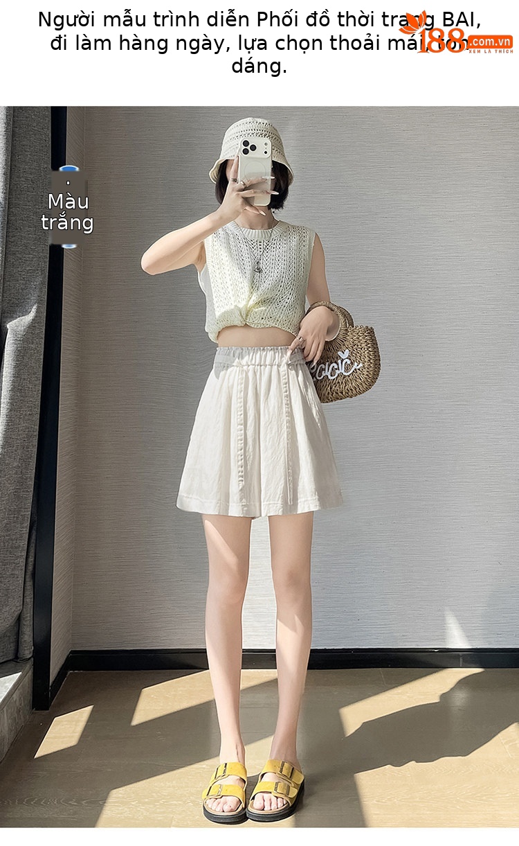 Quần short nữ cạp cao chất liệu lanh phối sợi tơ lạnh, dáng chữ A ống rộng, mặc mùa hè — màu đen chi tiết 23