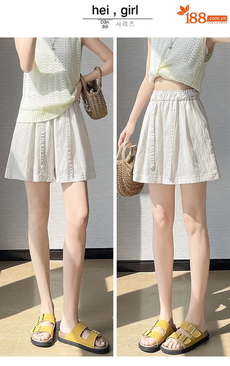 Quần short nữ cạp cao chất liệu lanh phối sợi tơ lạnh, dáng chữ A ống rộng, mặc mùa hè — màu đen chi tiết 26