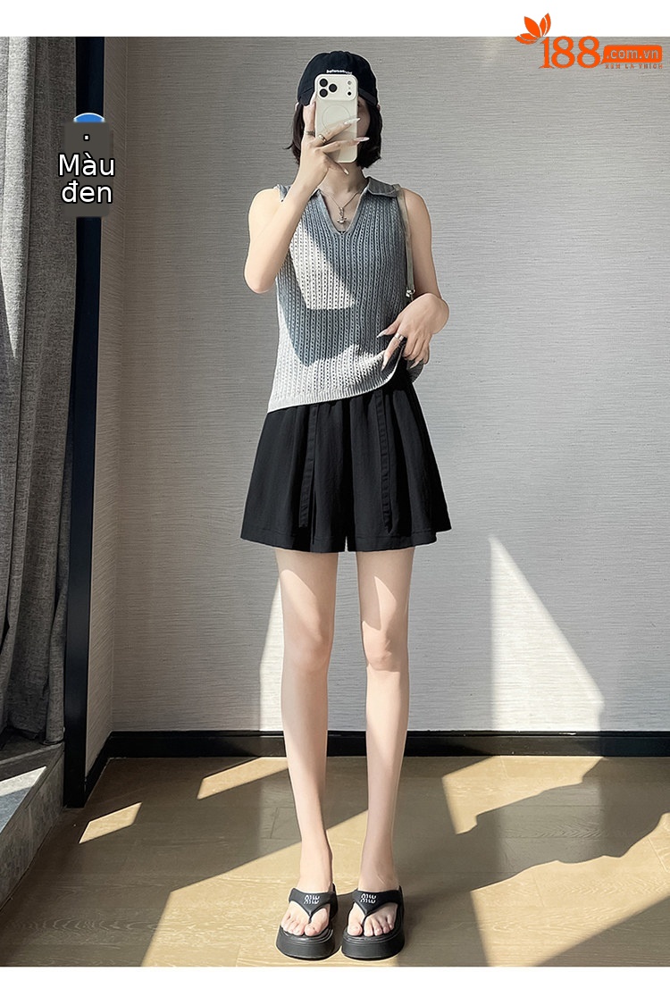 Quần short nữ cạp cao chất liệu lanh phối sợi tơ lạnh, dáng chữ A ống rộng, mặc mùa hè — màu đen chi tiết 28