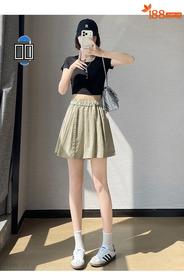 Quần short nữ cạp cao chất liệu lanh phối sợi tơ lạnh, dáng chữ A ống rộng, mặc mùa hè — màu đen chi tiết 33