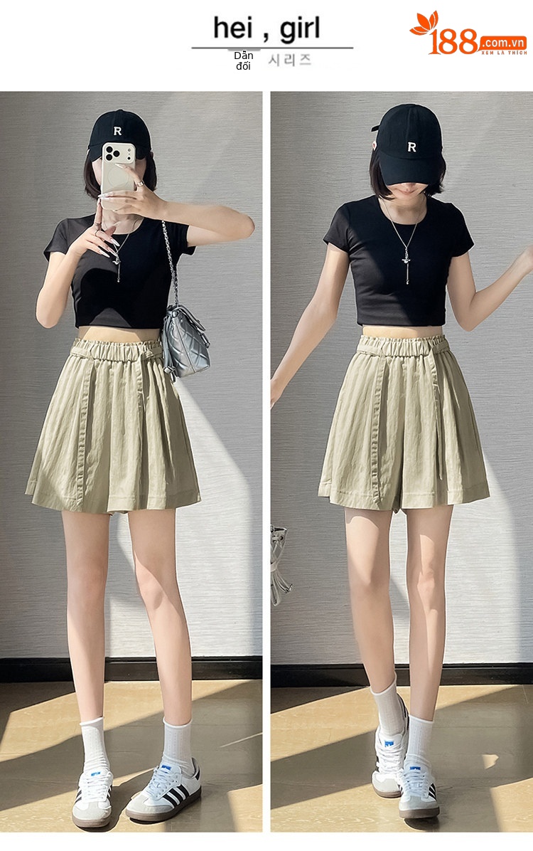 Quần short nữ cạp cao chất liệu lanh phối sợi tơ lạnh, dáng chữ A ống rộng, mặc mùa hè — màu đen chi tiết 36