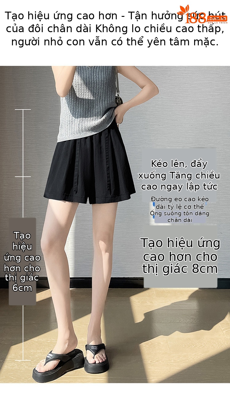 Quần short nữ cạp cao chất liệu lanh phối sợi tơ lạnh, dáng chữ A ống rộng, mặc mùa hè — màu đen chi tiết 4