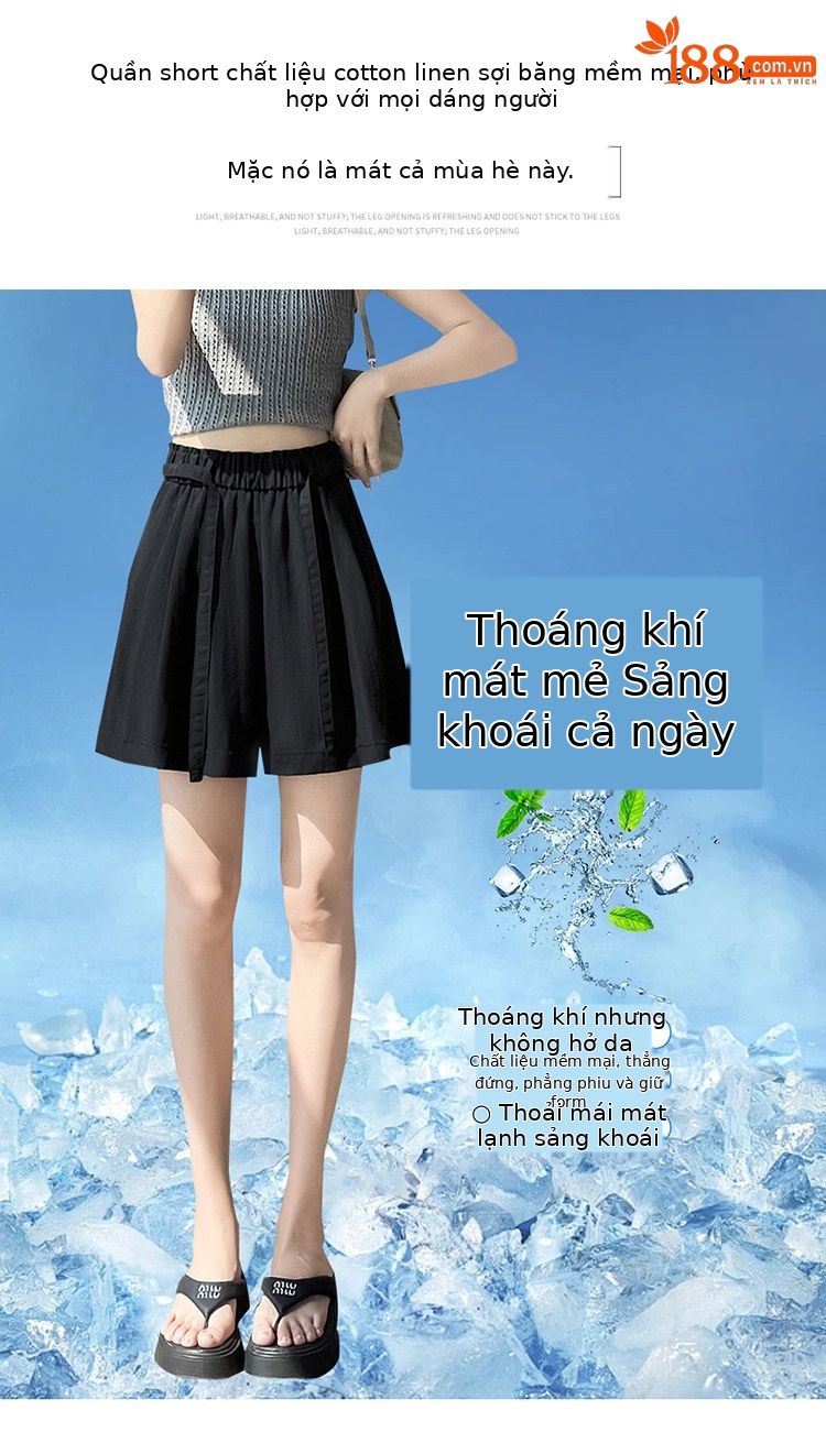 Quần short nữ cạp cao chất liệu lanh phối sợi tơ lạnh, dáng chữ A ống rộng, mặc mùa hè — màu đen chi tiết 10
