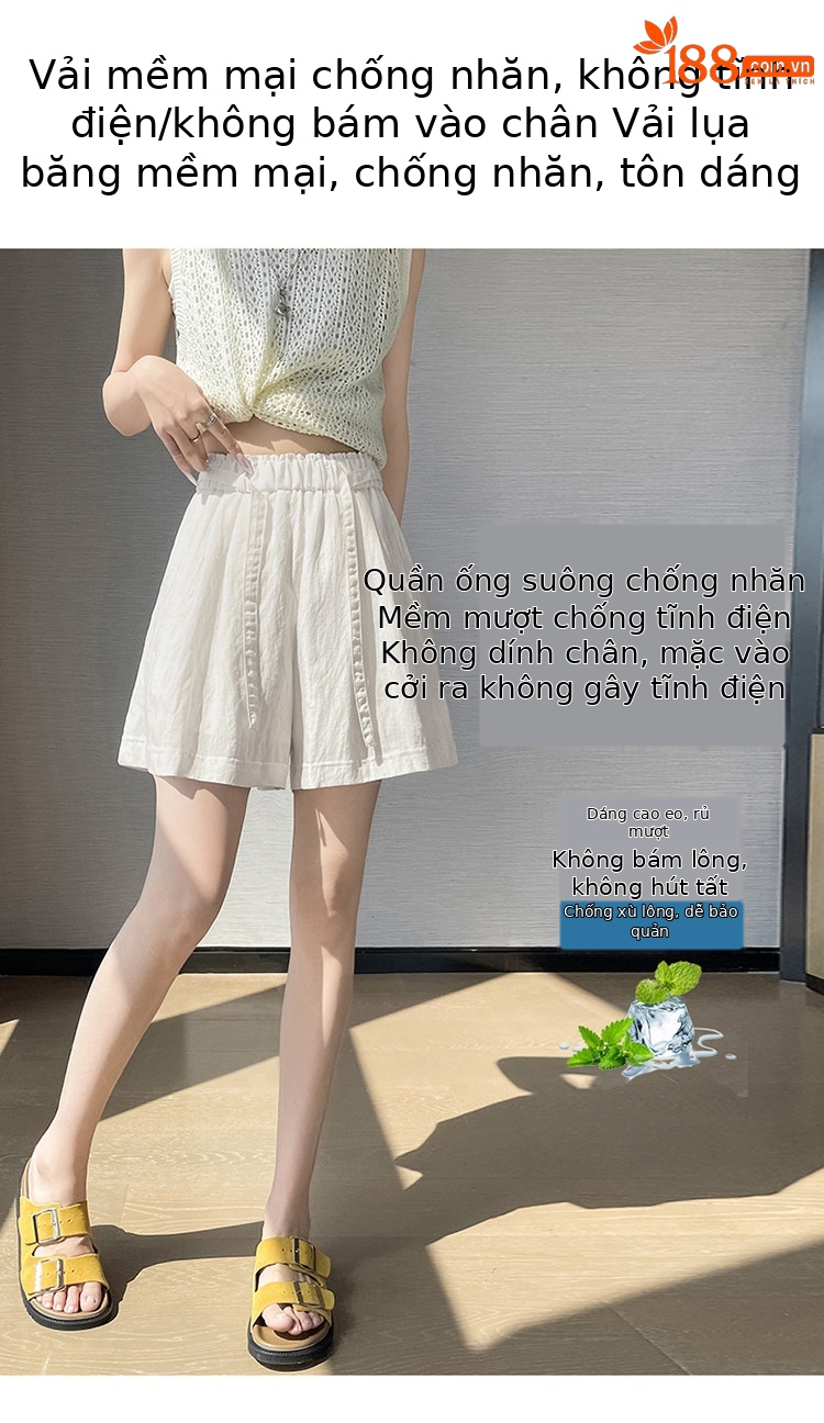 Quần short nữ cạp cao chất liệu lanh phối sợi tơ lạnh, dáng chữ A ống rộng, mặc mùa hè — màu đen chi tiết 12