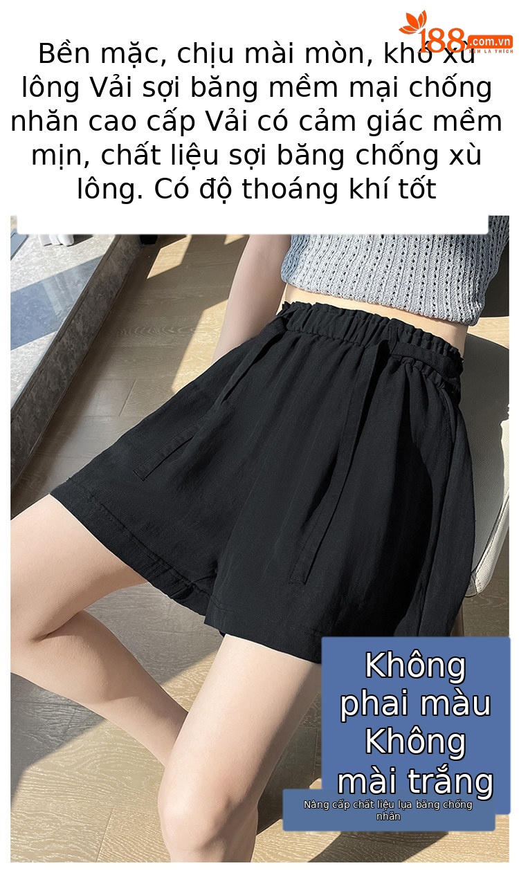 Quần short nữ cạp cao chất liệu lanh phối sợi tơ lạnh, dáng chữ A ống rộng, mặc mùa hè — màu đen chi tiết 15