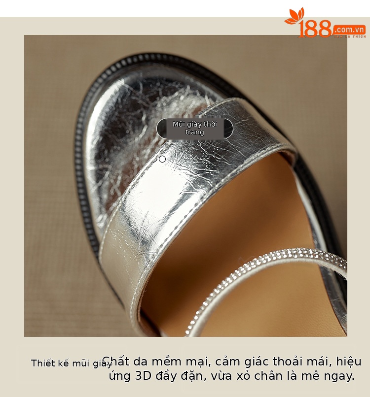 Sandal cao gót nữ quai ngang đính đá bạc, đế xuồng platform, gót 9 cm, hở mũi — Màu súng, bạc chi tiết 4