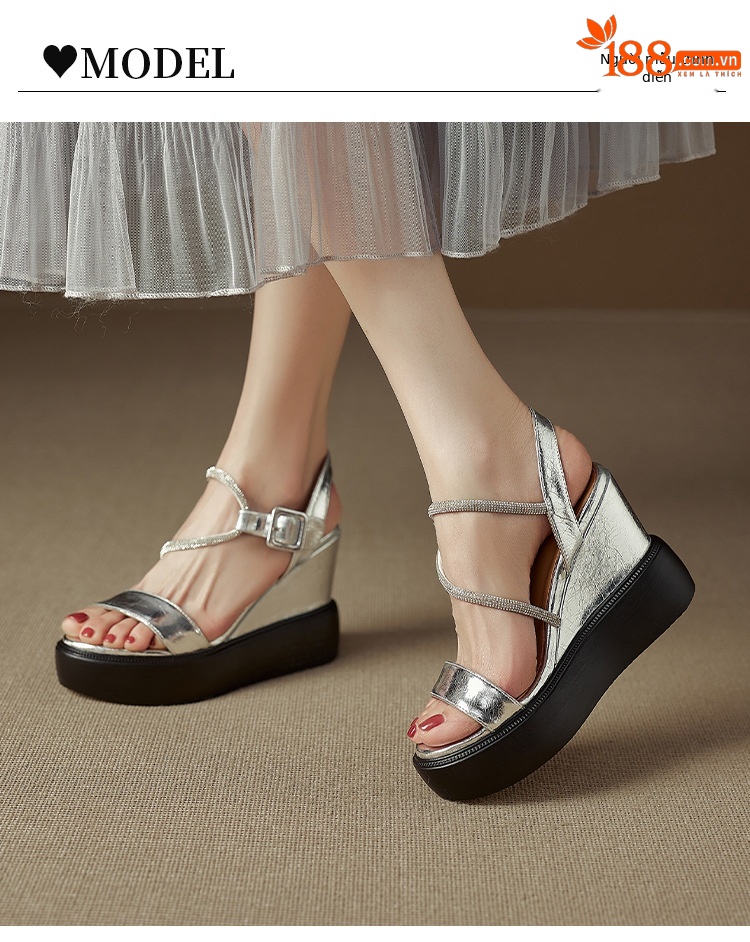 Sandal cao gót nữ quai ngang đính đá bạc, đế xuồng platform, gót 9 cm, hở mũi — Màu súng, bạc chi tiết 8