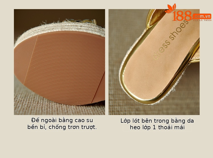 Dép sandal nữ quai chữ V đế xuồng cao gót 9 cm, mũi hở, chất liệu da thật — màu vàng, bạc chi tiết 6