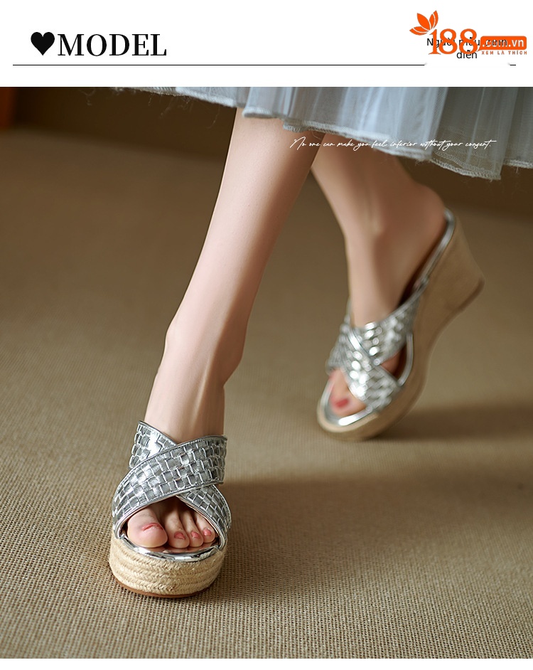 Dép sandal nữ quai chữ V đế xuồng cao gót 9 cm, mũi hở, chất liệu da thật — màu vàng, bạc chi tiết 8