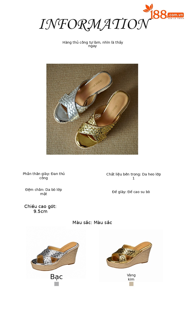 Dép sandal nữ quai chữ V đế xuồng cao gót 9 cm, mũi hở, chất liệu da thật — màu vàng, bạc chi tiết 2