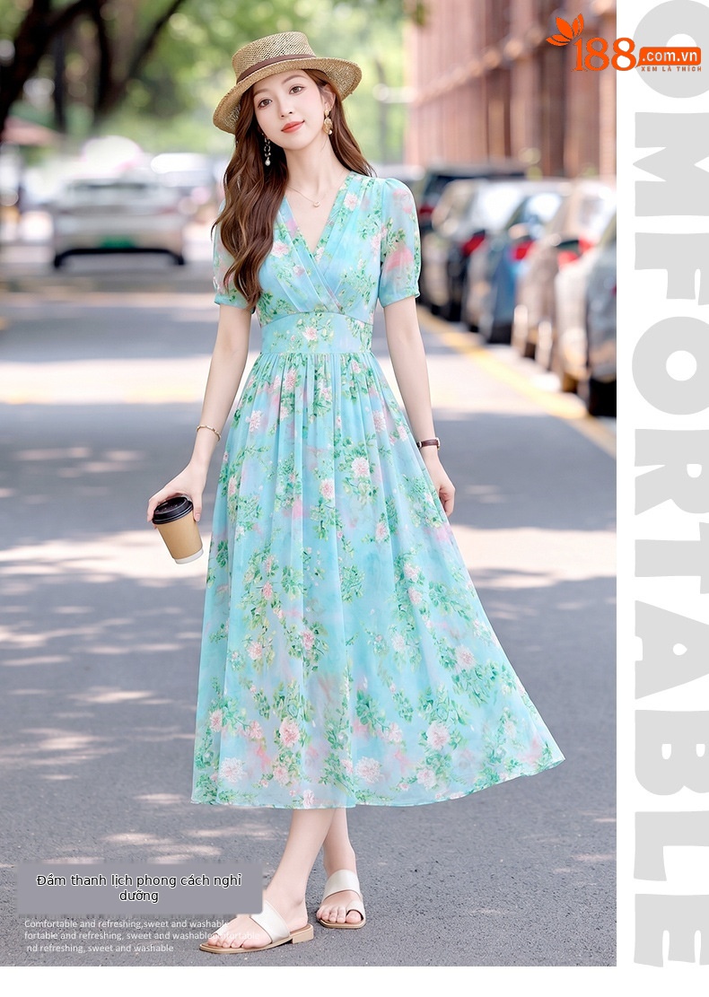 Đầm maxi nữ thắt eo họa tiết hoa nhí cổ V xếp ly tay ngắn — xanh lam, Màu hồng, màu vàng chi tiết 1