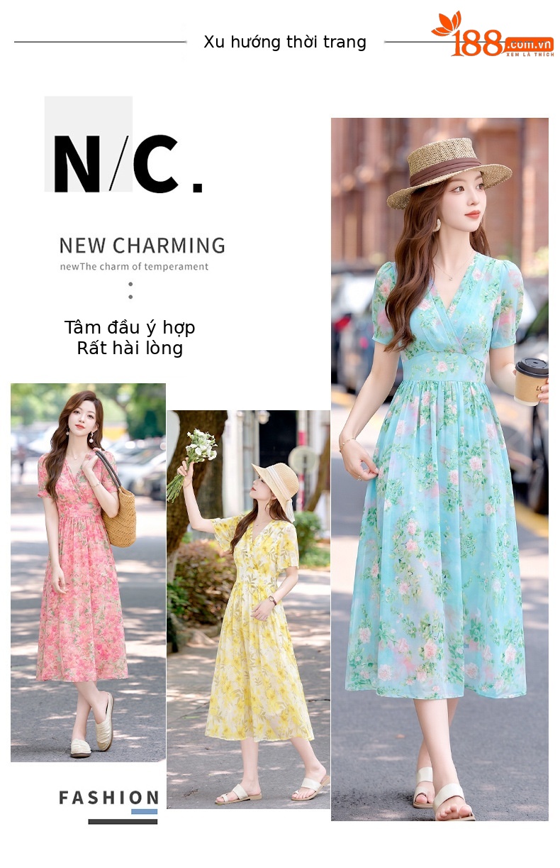 Đầm maxi nữ thắt eo họa tiết hoa nhí cổ V xếp ly tay ngắn — xanh lam, Màu hồng, màu vàng chi tiết 2