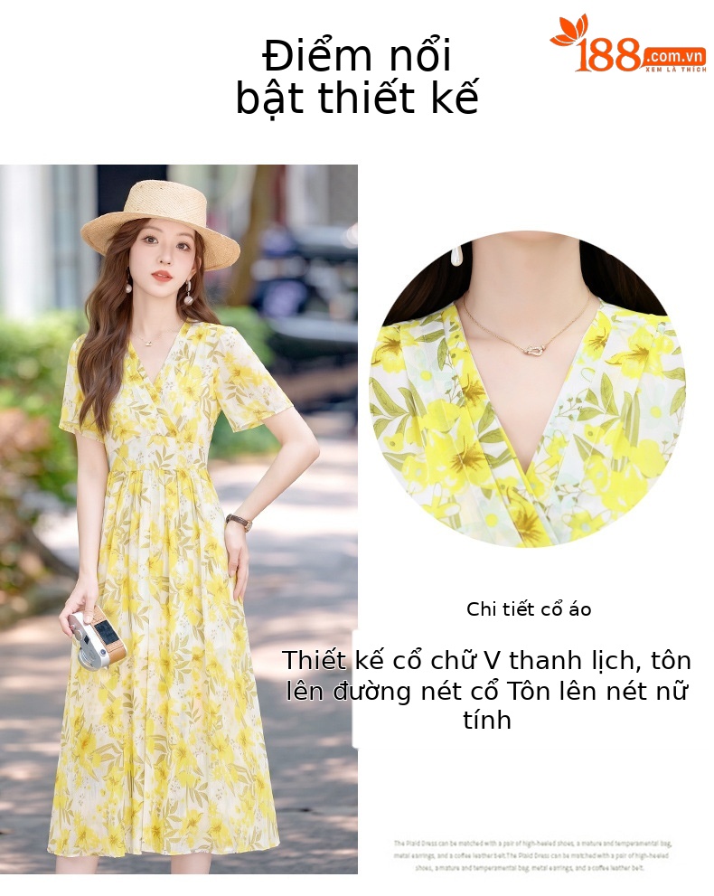 Đầm maxi nữ thắt eo họa tiết hoa nhí cổ V xếp ly tay ngắn — xanh lam, Màu hồng, màu vàng chi tiết 3