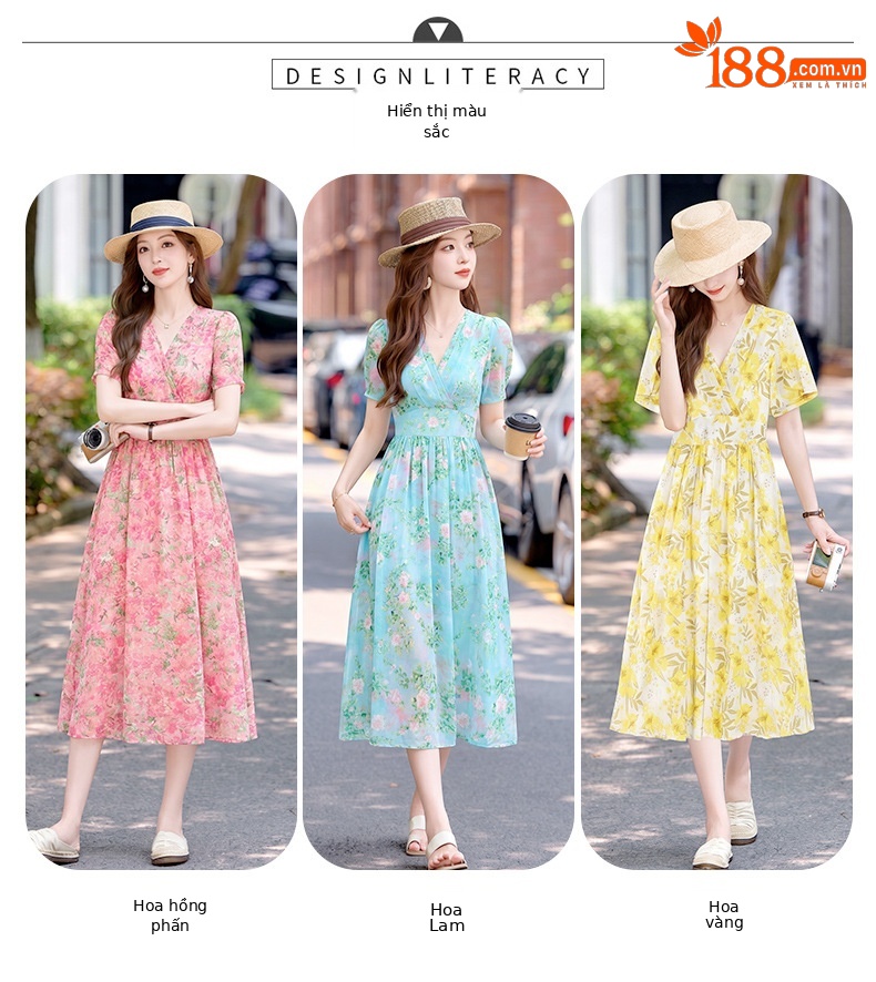 Đầm maxi nữ thắt eo họa tiết hoa nhí cổ V xếp ly tay ngắn — xanh lam, Màu hồng, màu vàng chi tiết 5