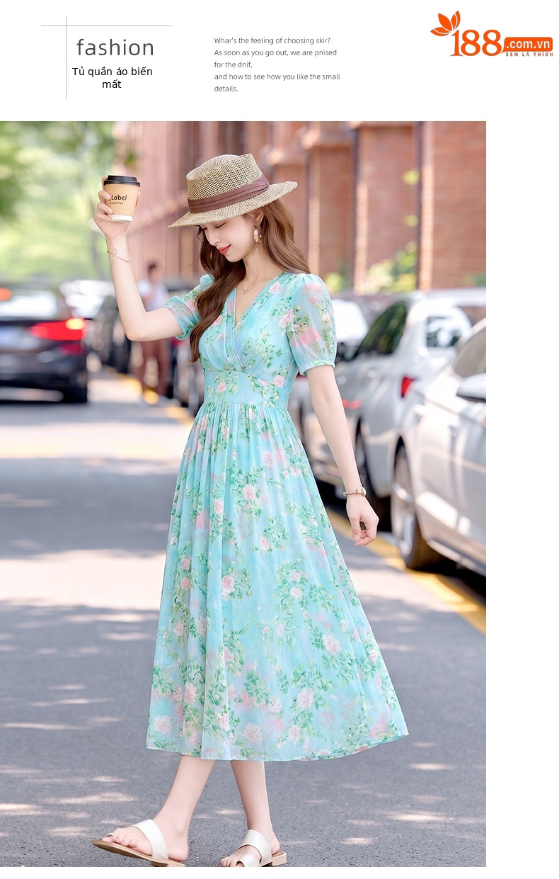 Đầm maxi nữ thắt eo họa tiết hoa nhí cổ V xếp ly tay ngắn — xanh lam, Màu hồng, màu vàng chi tiết 15