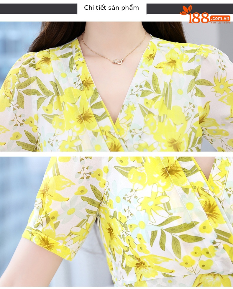 Đầm maxi nữ thắt eo họa tiết hoa nhí cổ V xếp ly tay ngắn — xanh lam, Màu hồng, màu vàng chi tiết 25
