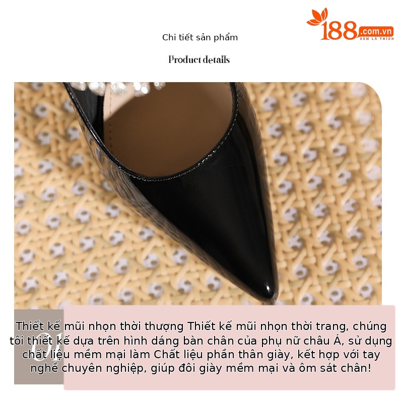 Sandal cao gót nữ mũi nhọn quai ngang đính đá gót 10 cm — Đen-10cm chi tiết 3