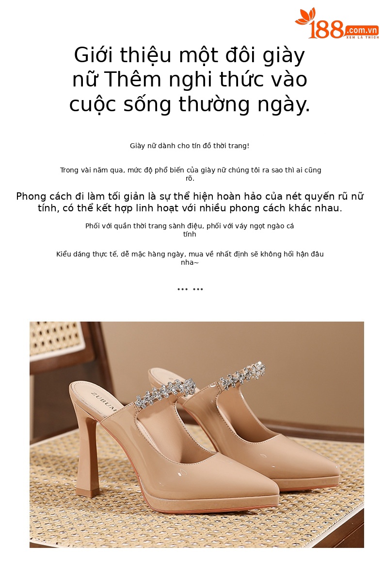 Sandal cao gót nữ mũi nhọn quai ngang đính đá gót 10 cm — Đen-10cm chi tiết 2