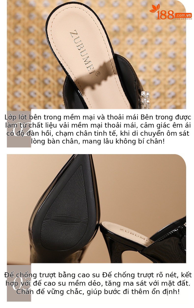Sandal cao gót nữ mũi nhọn quai ngang đính đá gót 10 cm — Đen-10cm chi tiết 4