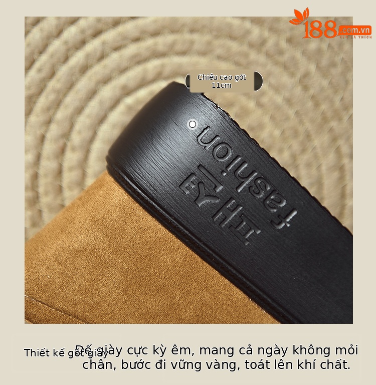 Sandal cao gót nữ mũi hở, đế xuồng bọc da lộn, quai ngang khóa dán, gót 9 cm — Nâu vàng, màu đen chi tiết 5