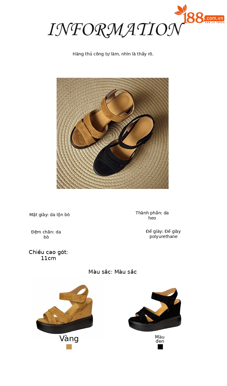 Sandal cao gót nữ mũi hở, đế xuồng bọc da lộn, quai ngang khóa dán, gót 9 cm — Nâu vàng, màu đen chi tiết 2