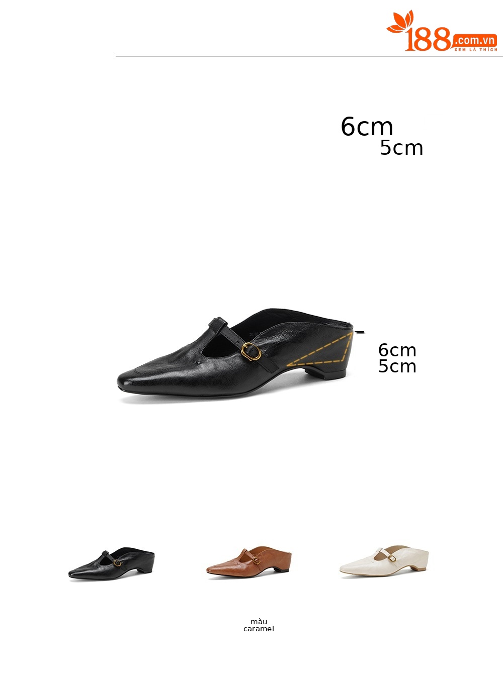 Dép mule nữ da cừu mũi nhọn quai chữ T gót thấp — đen chi tiết 4