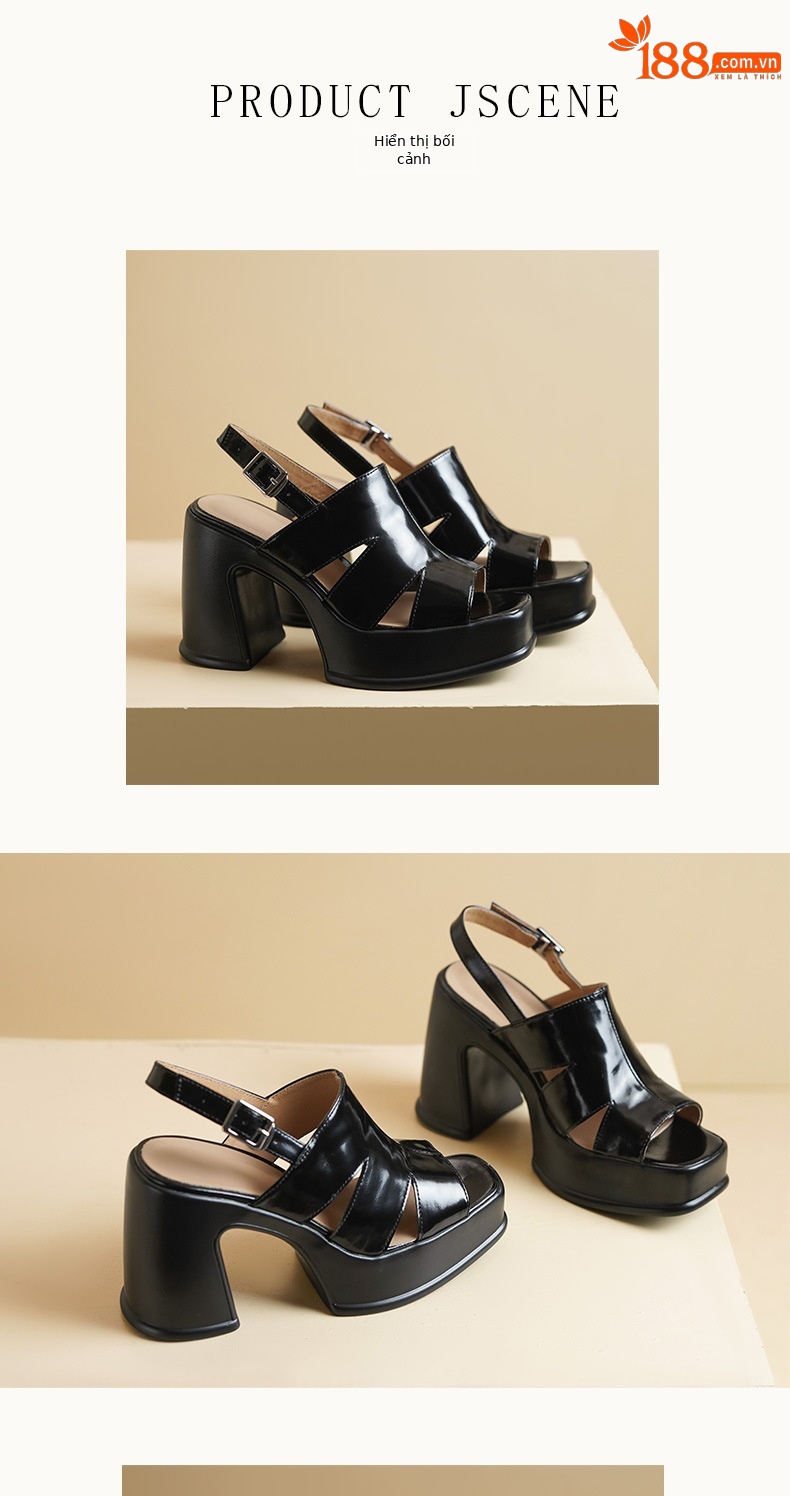 Sandal cao gót nữ hở mũi đế xuồng da thật gót 11 cm quai ngang kiểu La Mã — màu đen, màu trắng ngà chi tiết 5