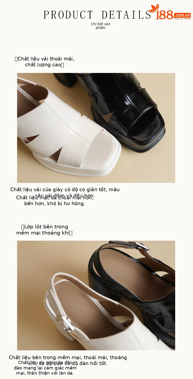 Sandal cao gót nữ hở mũi đế xuồng da thật gót 11 cm quai ngang kiểu La Mã — màu đen, màu trắng ngà chi tiết 7