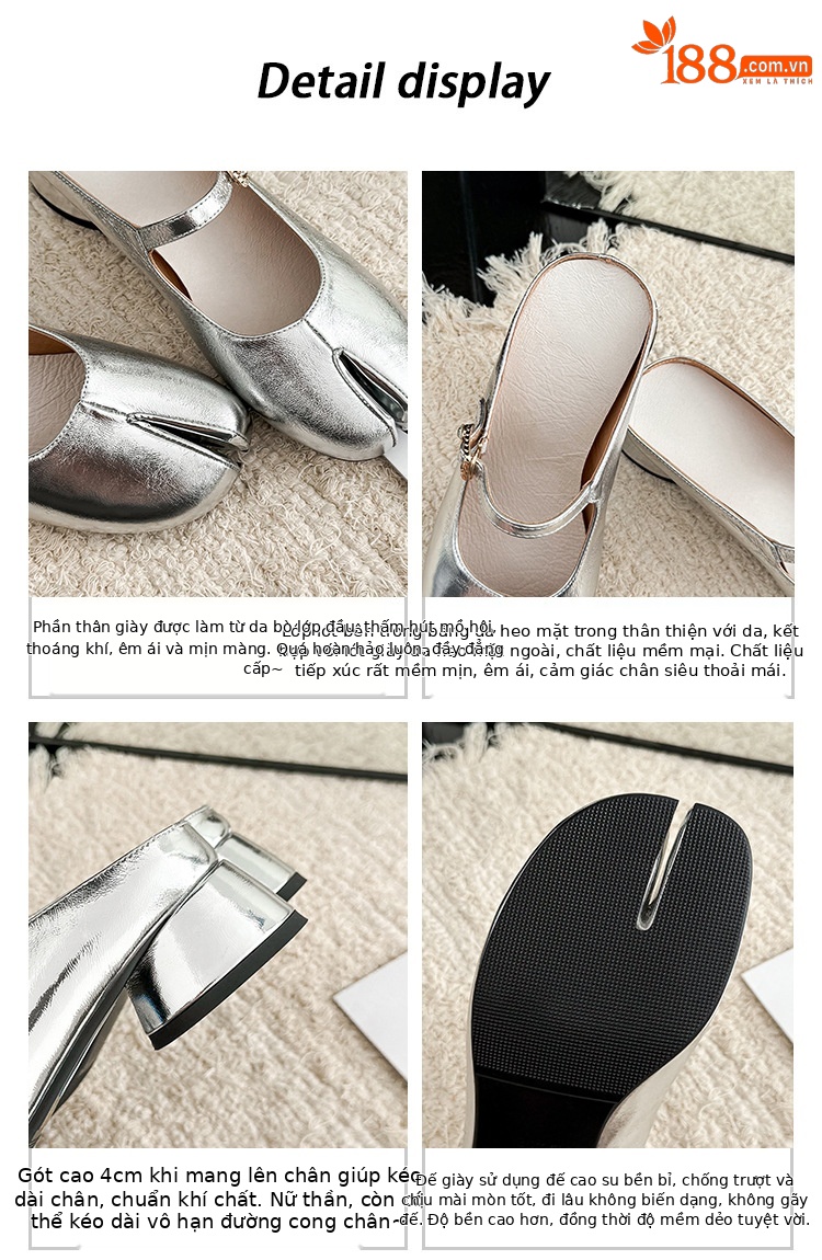 Mule nữ gót thấp quai ngang một khóa, mũi nhọn hở gót, phong cách lười biếng — màu trắng ngà, bạc chi tiết 5