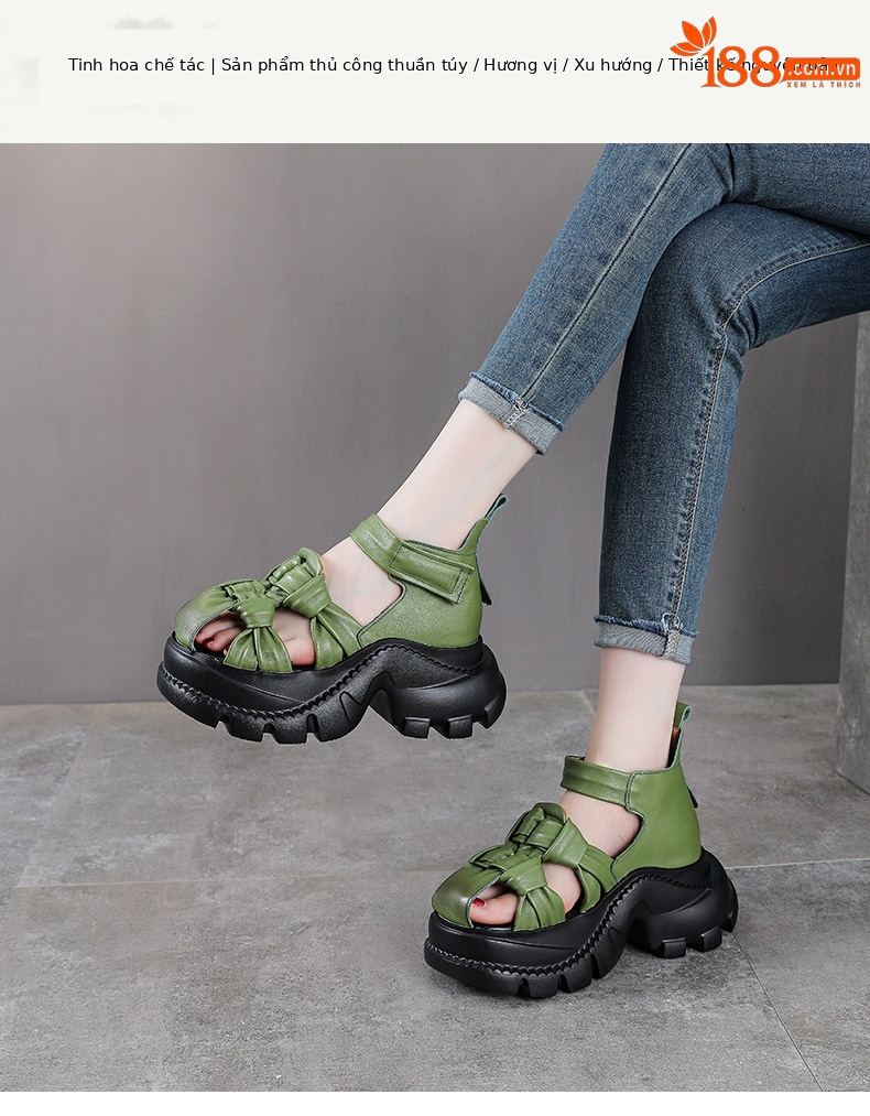 Sandal nữ da bò thật đế dày phong cách La Mã, mũi kín, quai đan dây — màu nâu chi tiết 1