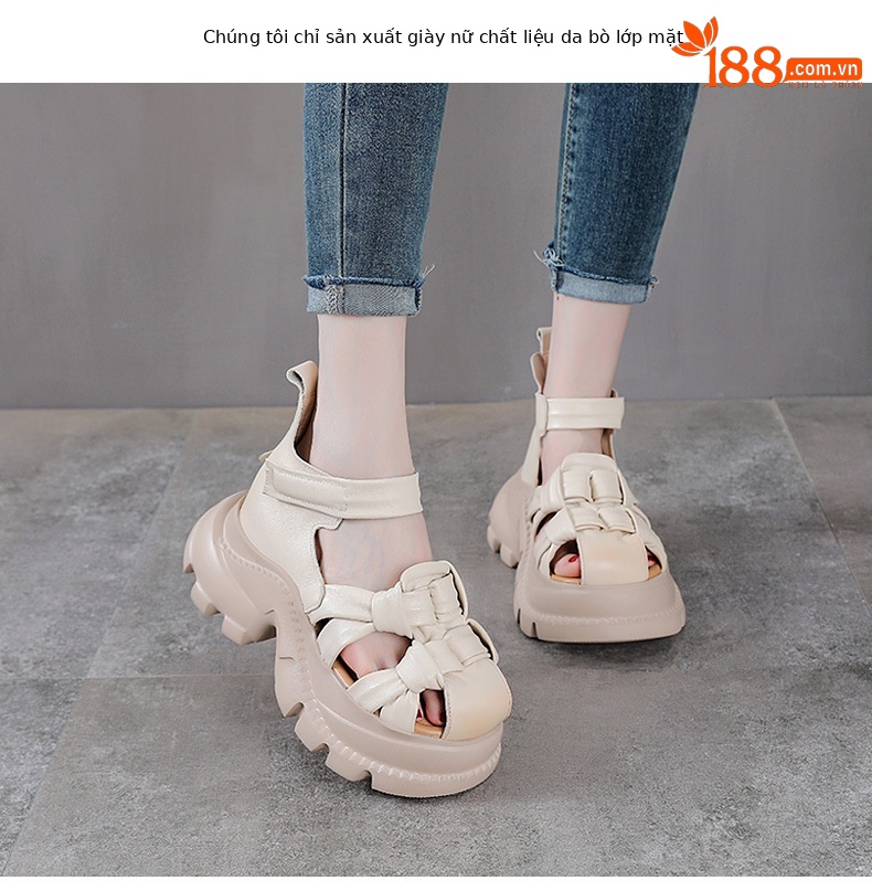 Sandal nữ da bò thật đế dày phong cách La Mã, mũi kín, quai đan dây — màu nâu chi tiết 2