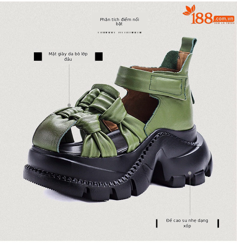 Sandal nữ da bò thật đế dày phong cách La Mã, mũi kín, quai đan dây — màu nâu chi tiết 3