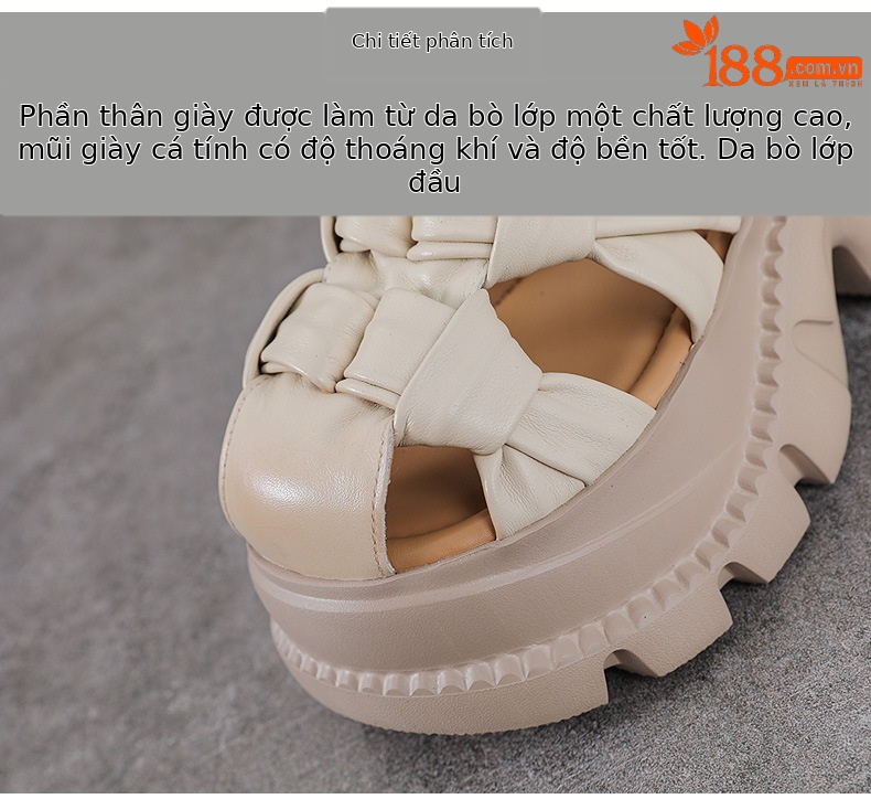 Sandal nữ da bò thật đế dày phong cách La Mã, mũi kín, quai đan dây — màu nâu chi tiết 4