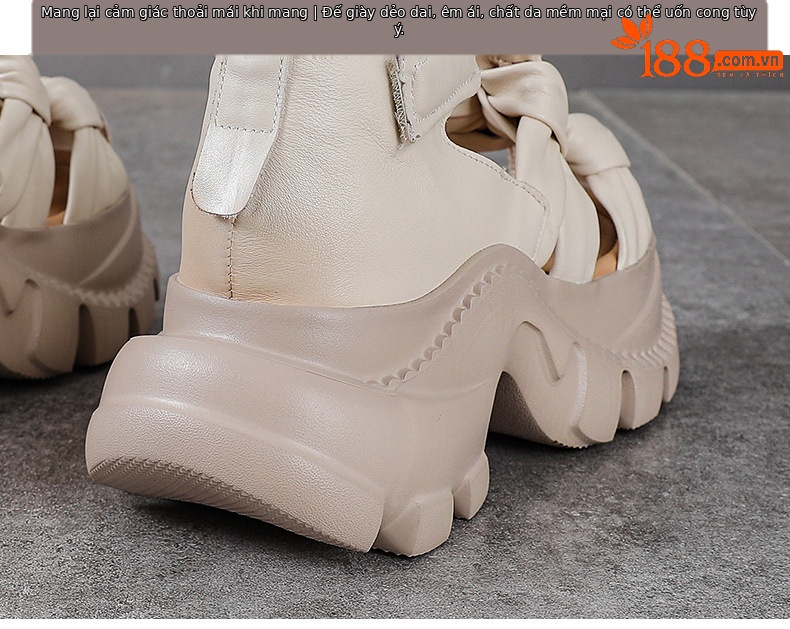 Sandal nữ da bò thật đế dày phong cách La Mã, mũi kín, quai đan dây — màu nâu chi tiết 8