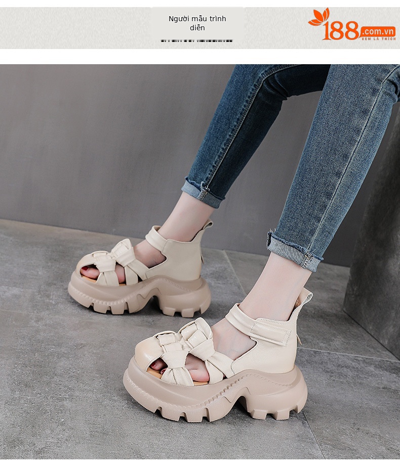Sandal nữ da bò thật đế dày phong cách La Mã, mũi kín, quai đan dây — màu nâu chi tiết 9
